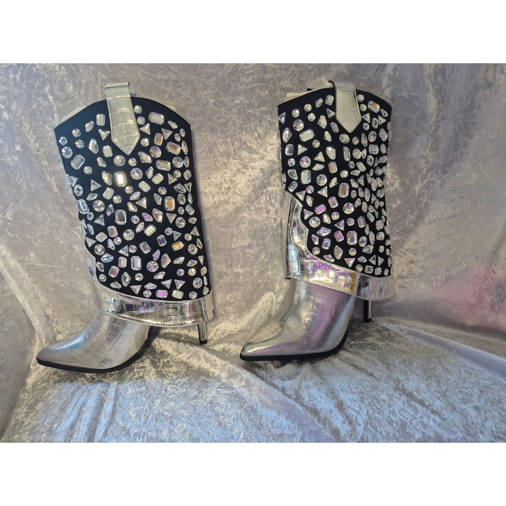 Silver Rhinestone Cowboy Boots Women's US 9.5 Western Fashion Statement